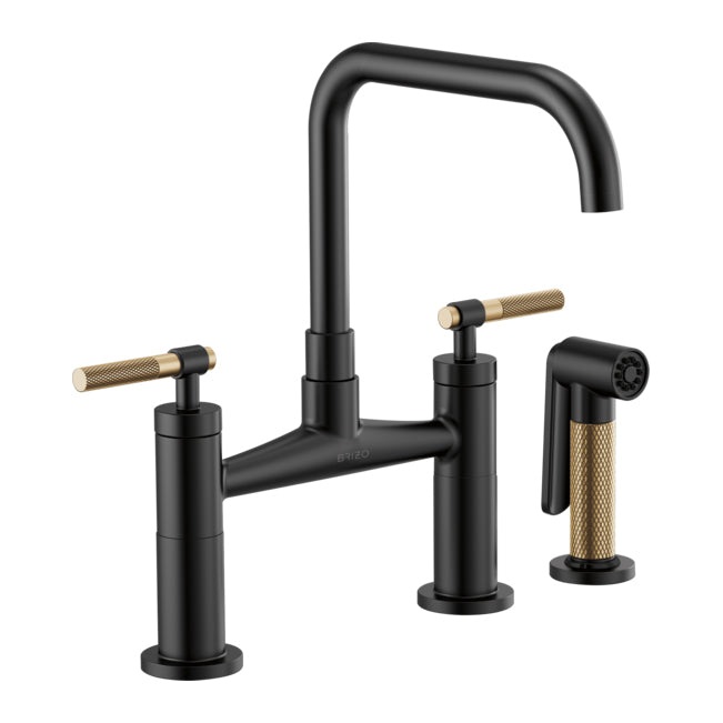 Litze Bridge Faucet w/Sq Spout, Knurl Hdl in Black/Gold