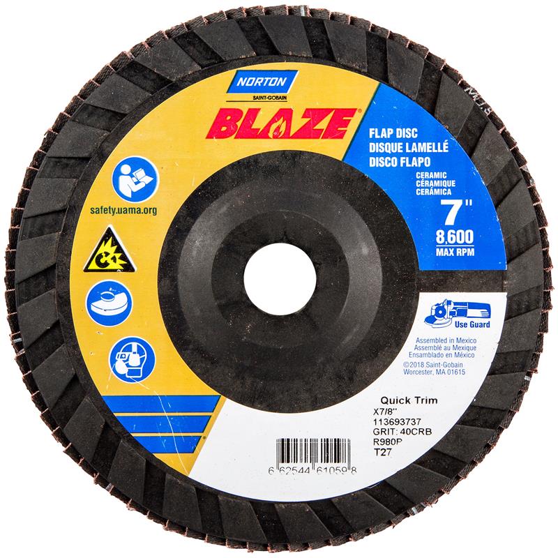 Flap Disc 7"X7/8" Type 27 40 Grit Quick Trim Plastic Plate Blaze R980P
