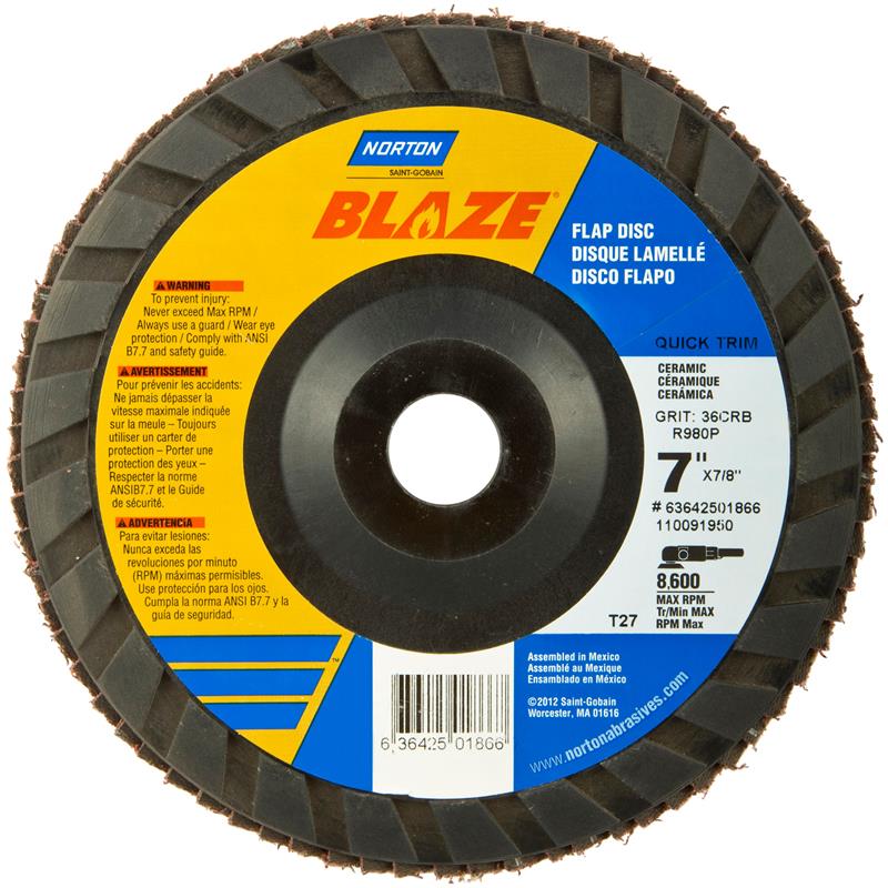 Flap Disc 7"X7/8" Type 27 120 Grit Quick Trim Plastic Plate Blaze R980P