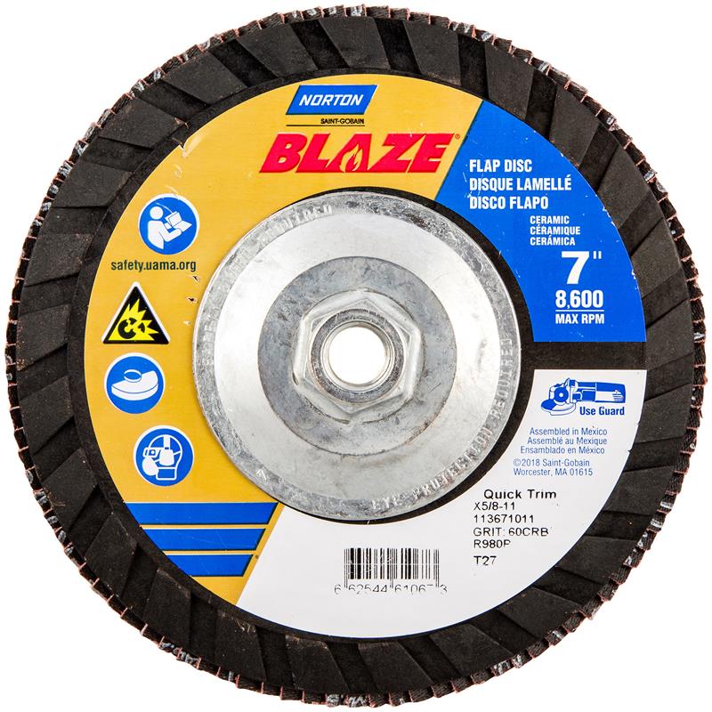 Flap Disc 7"X5/8"-11 Type 27 60 Grit Quick Trim Plastic Plate Blaze R980P