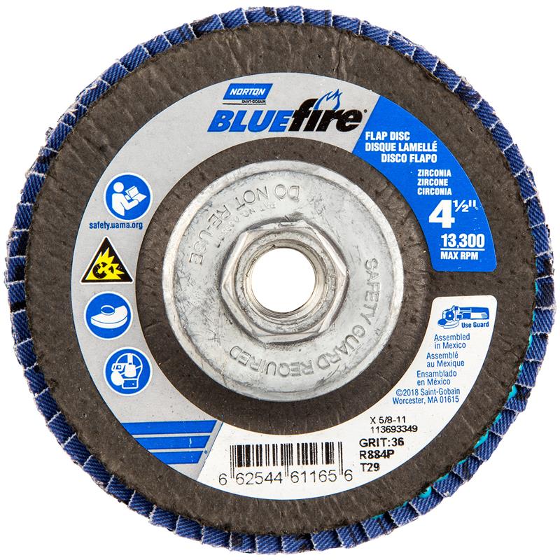Flap Disc 4-1/2"X5/8" Type 29 36 Grit Fiberglass Plate BlueFire R884P