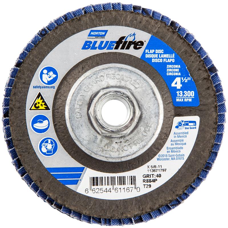 Flap Disc 4-1/2"X5/8" Type 29 40 Grit Fiberglass Plate BlueFire R884P