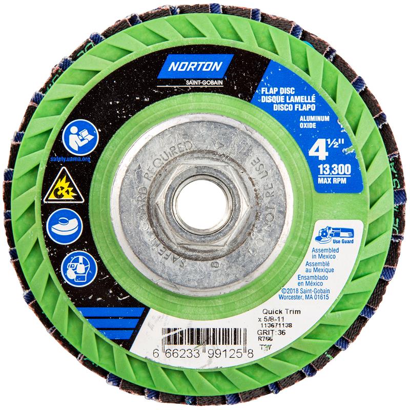 Flap Disc 4-1/2"X5/8"-11 Type 27 36 Grit Quick Trim Plastic Plate Neon R766