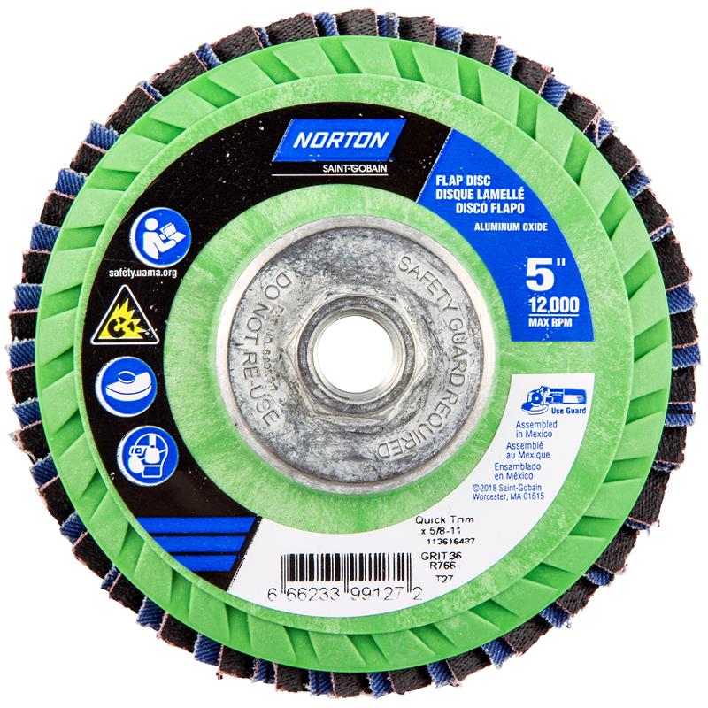 Flap Disc 5"X5/8"-11 Type 27 36 Grit Quick Trim Plastic Plate Neon R766