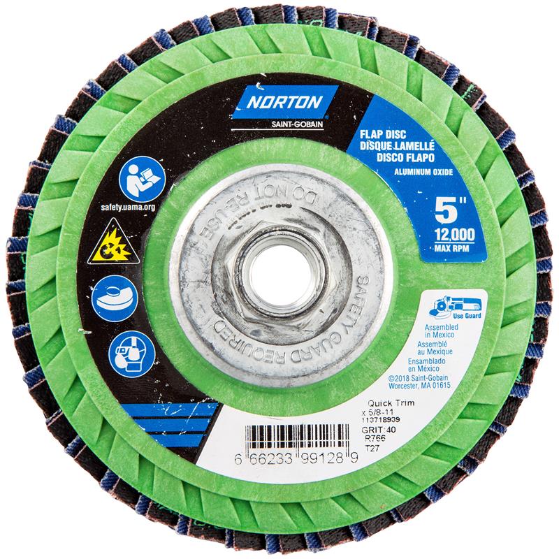 Flap Disc 5"X5/8"-11 Type 27 40 Grit Quick Trim Plastic Plate Neon R766