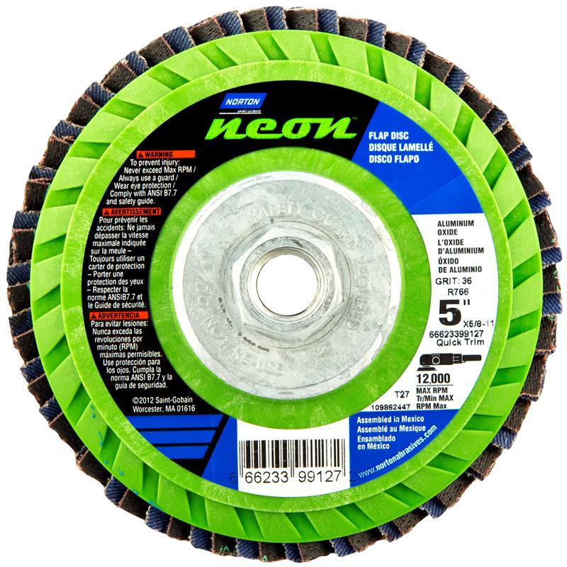 Flap Disc 5"X5/8"-11 Type 27 60 Grit Quick Trim Plastic Plate Neon R766