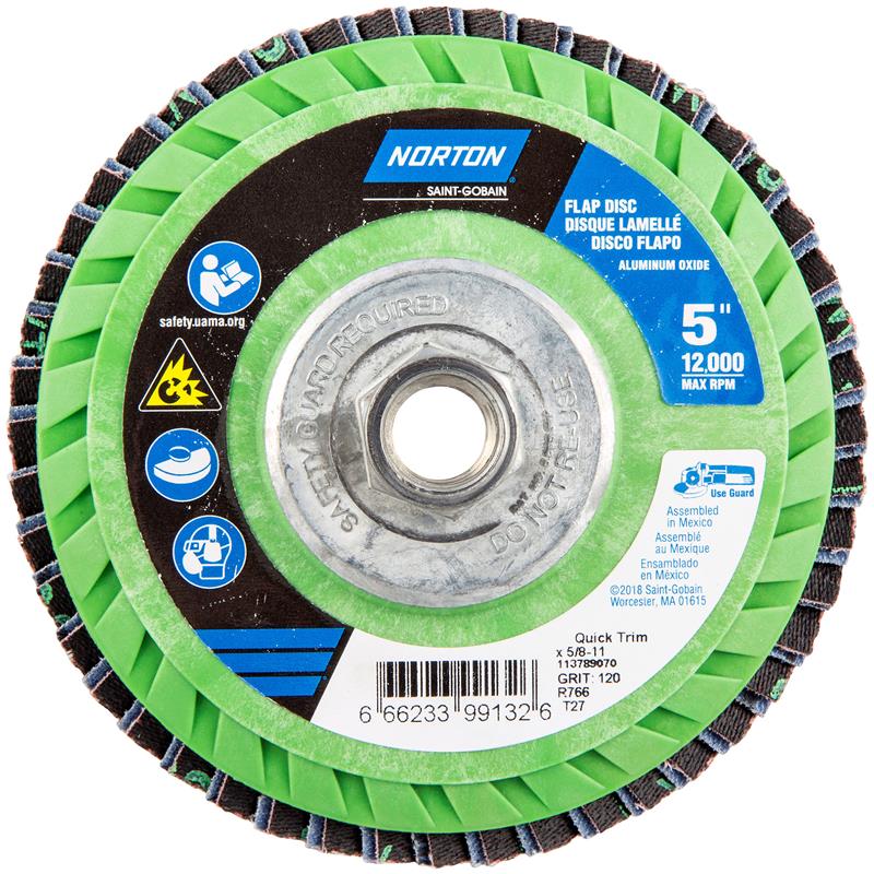 Flap Disc 5"X5/8"-11 Type 27 120 Grit Quick Trim Plastic Plate Neon R766
