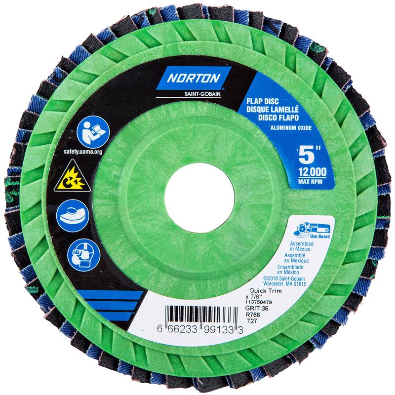 Flap Disc 5"X7/8" Type 27 36 Grit Quick Trim Plastic Plate Neon R766