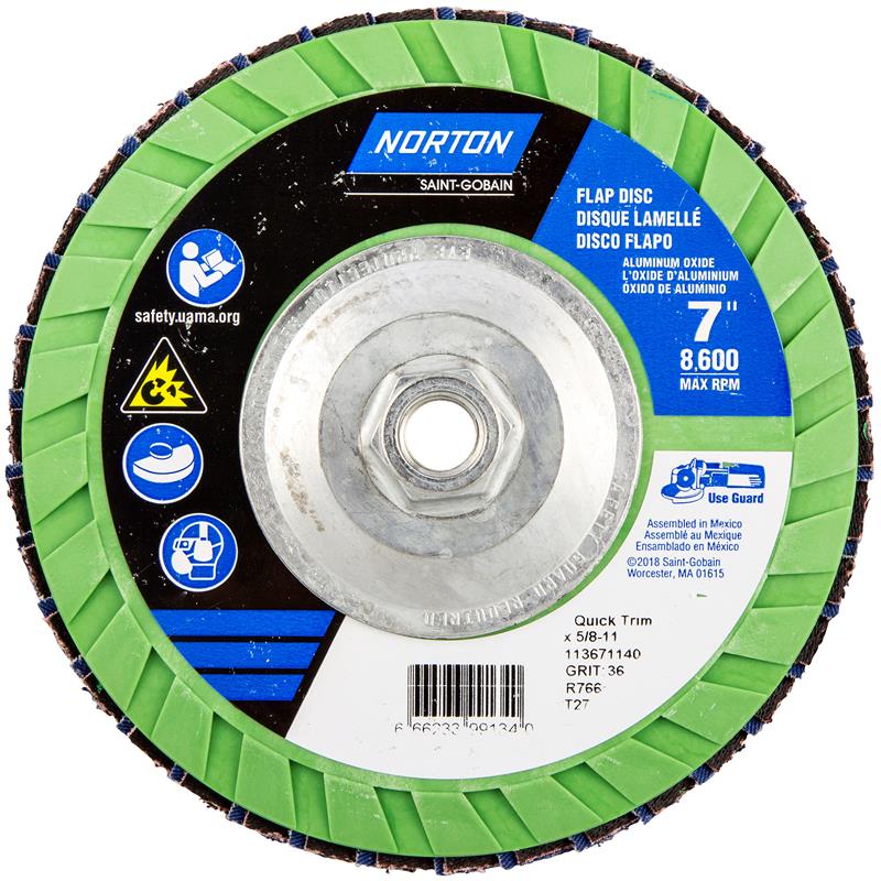 Flap Disc 7"X5/8"-11 Type 27 36 Grit Quick Trim Plastic Plate Neon R766