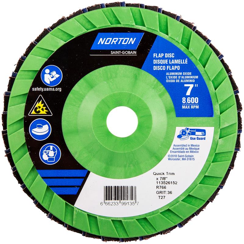 Flap Disc 7"X7/8" Type 27 36 Grit Quick Trim Plastic Plate Neon R766
