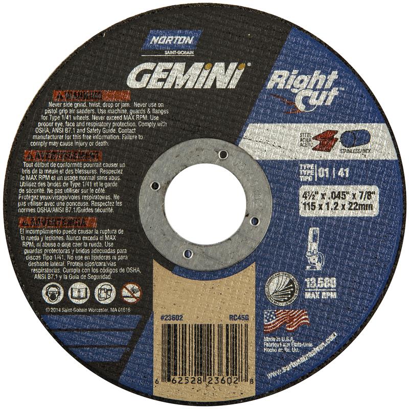 WHEEL 4-1/2X.045X7/8 CUTOFF 23602 - TYP-1 - GEMINI EZ