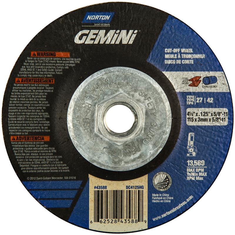 Cut-Off Wheel 4-1/2"X.125"X5/8"-11 Type 27 Gemini