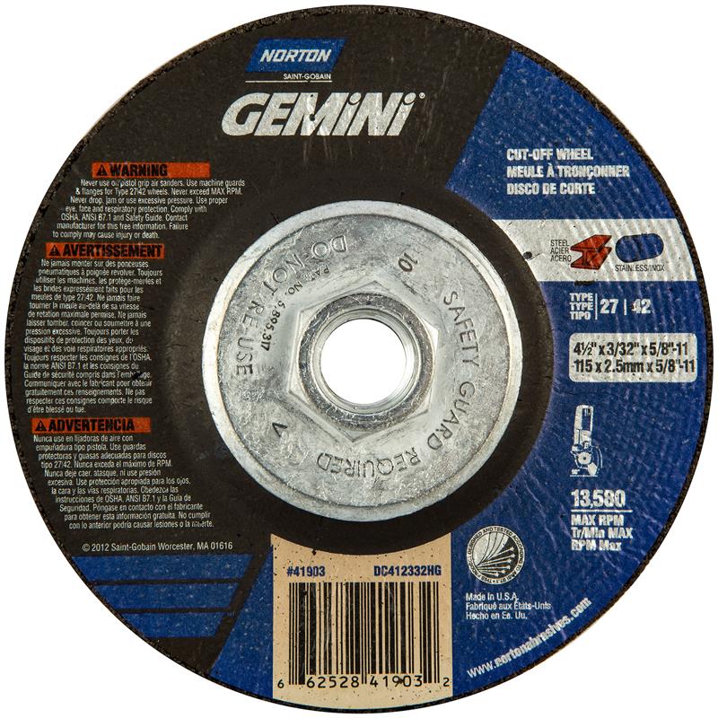 Depressed Center Wheel 4-1/2"X3/32"X5/8"-11 Type 27 Gemini