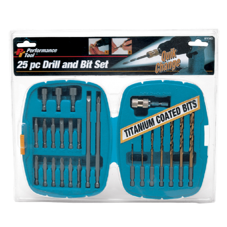DRILL BIT SET 25PC TITANM CTD W1343 - INCLDS:1-QUIK CHNG