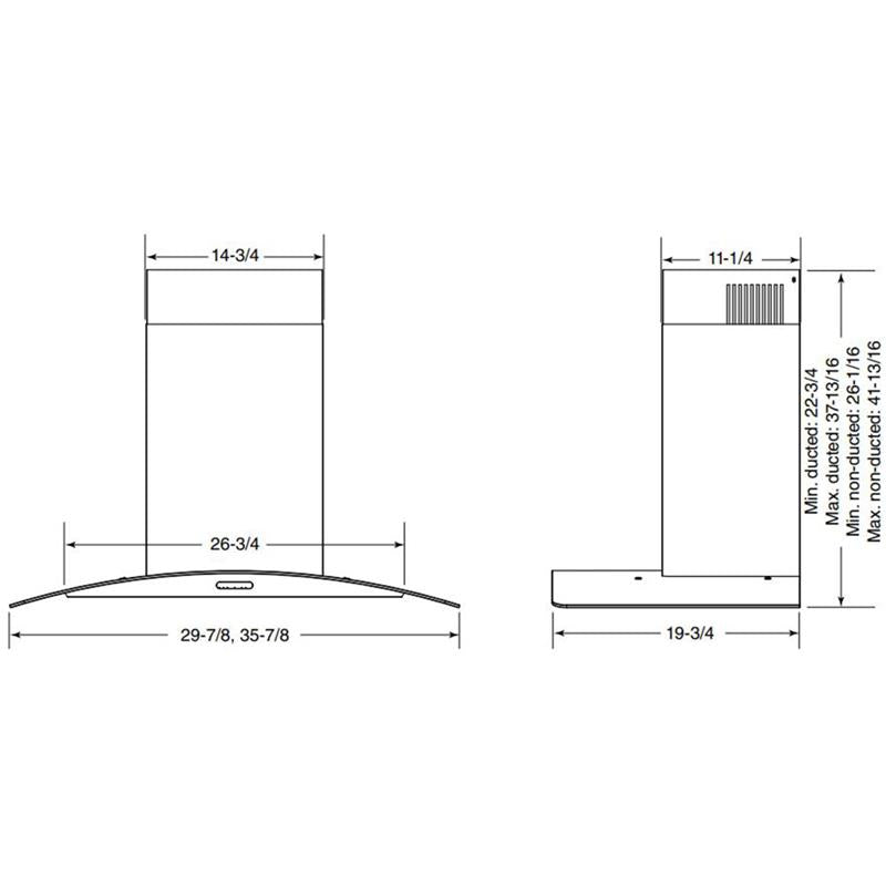 Elite Range Hood Chimney 36" Convertible Curved Glass Wall-Mount 460 CFM Stainless Steel
