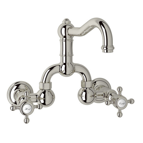 Acqui Wall Mount Bridge Lav Faucet 2-Handles In Polished Nickel