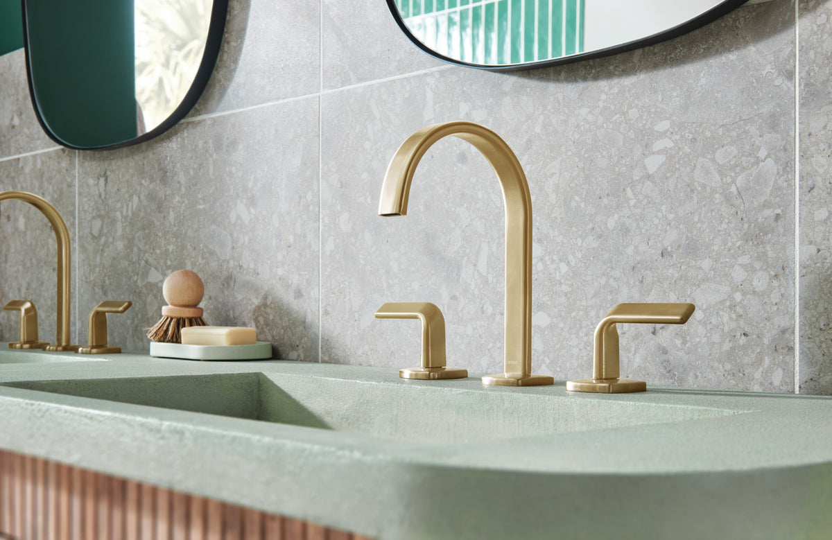 Allaria Widespread Arc Spout Lav Faucet, No Hdl in Luxe Gold