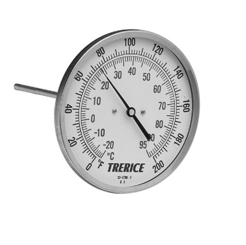 Thermometer 0° to 250°F Stainless Steel Back Connection 3" Dial 4" Stem