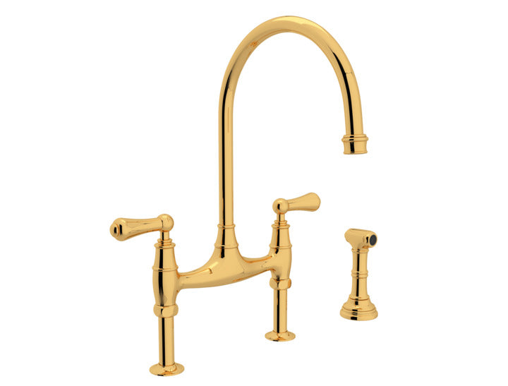 Georgian Era Bridge Kitchen Faucet w/Sidespray in English Gold