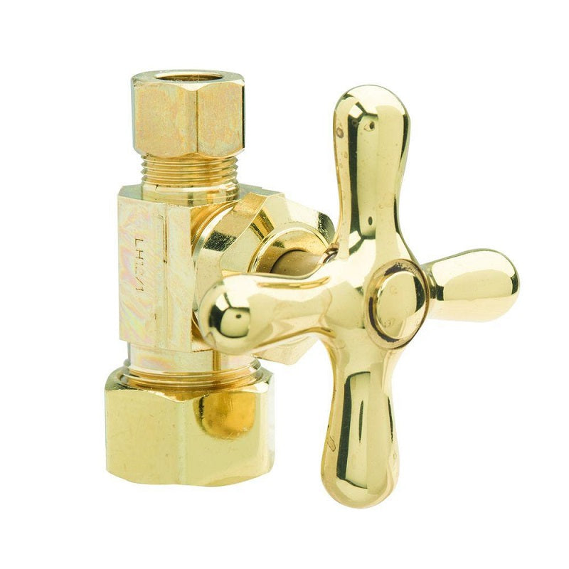 STOP STRAIGHT 1/2X3/8 POLISHED BRASS XCR14X P1 CMPXCMP W/CROSS HANDLE Maximum Pressure 125 PSI Window Box Package