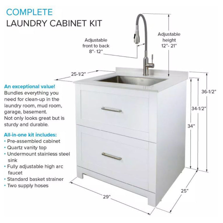 Laundry Sink/Cabinet Kit 30" w/Wht Quartz Top, SS Sink & Fct