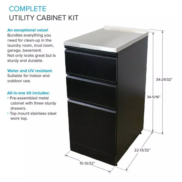 Laundry Side Cabinet 15-13/16" in Black w/SS Worktop