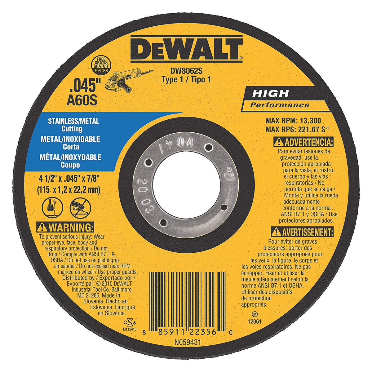 WHEEL 4-1/2X.045X7/8 CFREE DW8062S CUT-OFF THIN