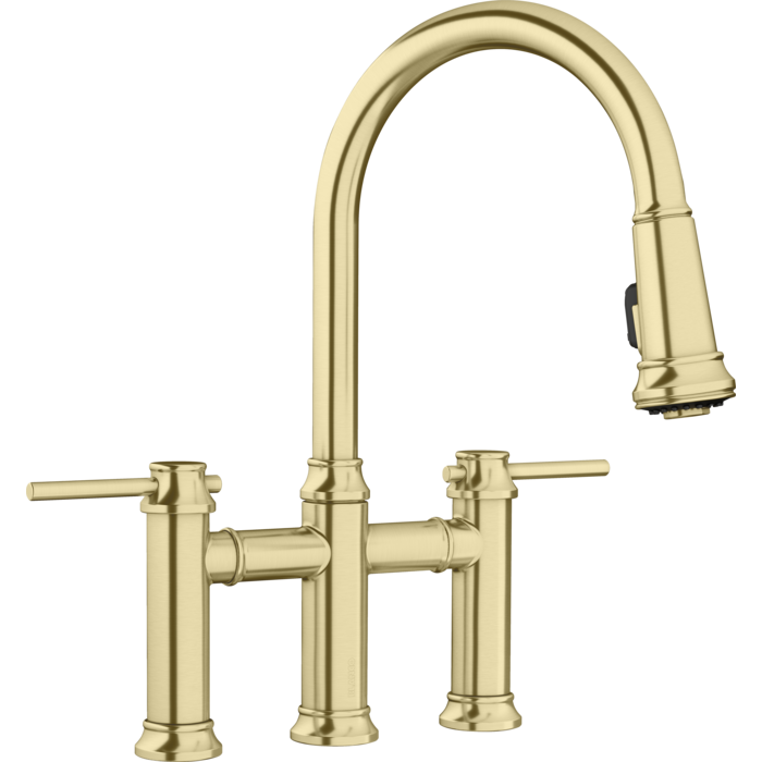 Empressa Bridge Faucet w/Pull-Down Spray in Satin Gold