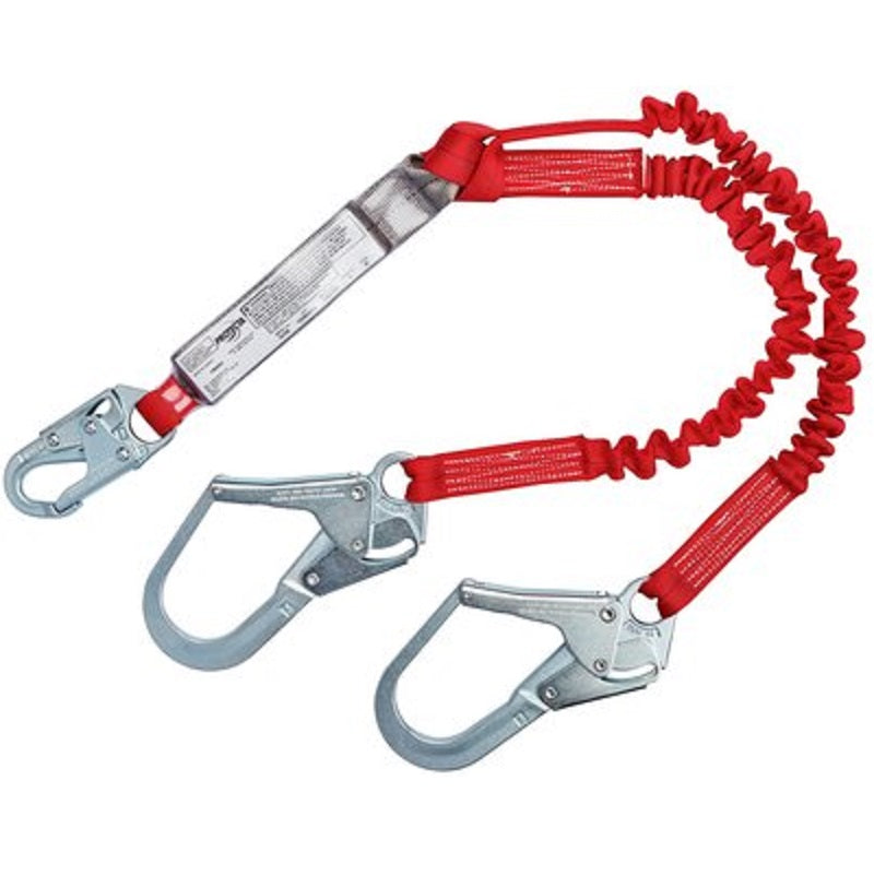 Protecta PRO Pack Elastic 100% Tie-Off Shock Absorbing Lanyard 6' Elastic Web Double-Leg with Snap Hook at 1 End & Steel Rebar Hook at Other End