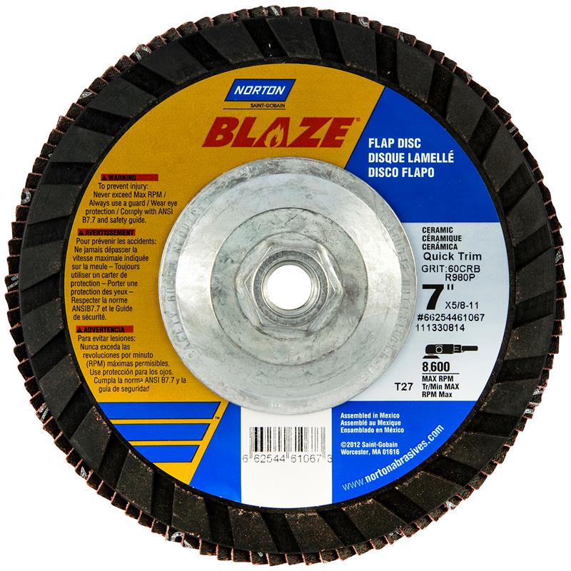 Flap Disc 7"X5/8"-11 Type 27 120 Grit Quick Trim Plastic Plate Blaze R980P