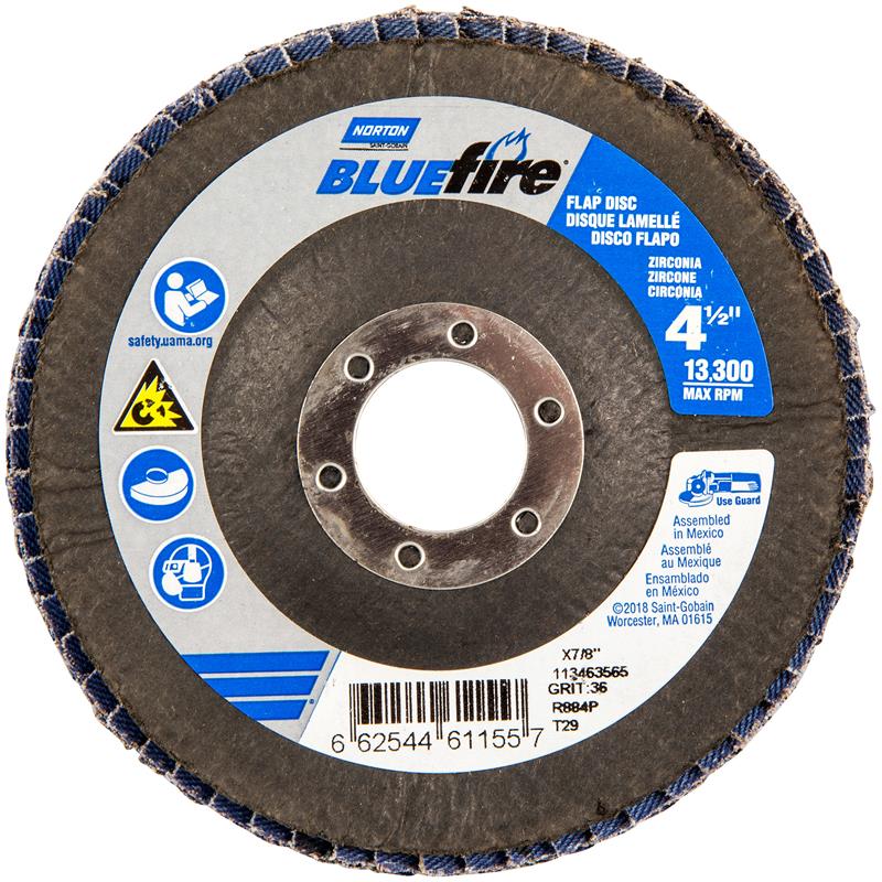Flap Disc 4-1/2"X7/8" Type 29 36 Grit Fiberglass Plate BlueFire R884P