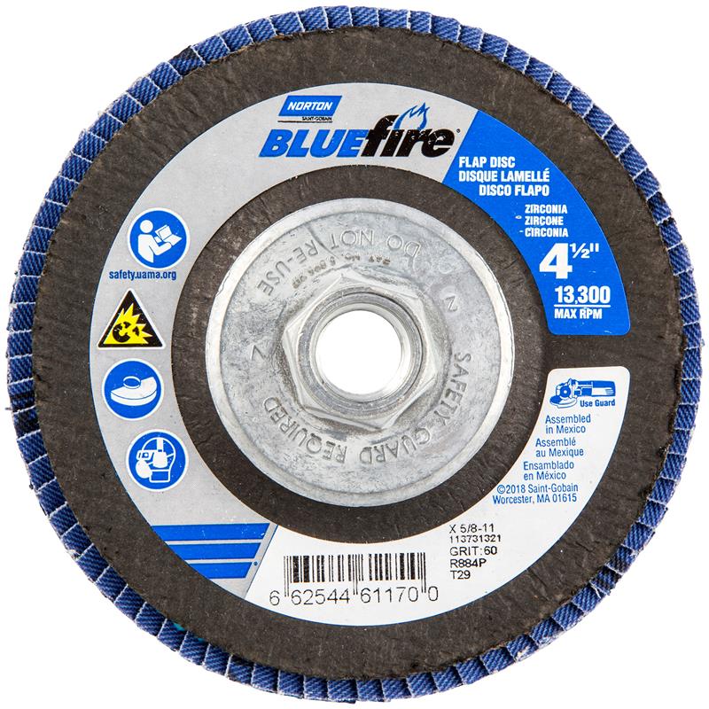 Flap Disc 4-1/2"X5/8" Type 29 60 Grit Fiberglass Plate BlueFire R884P