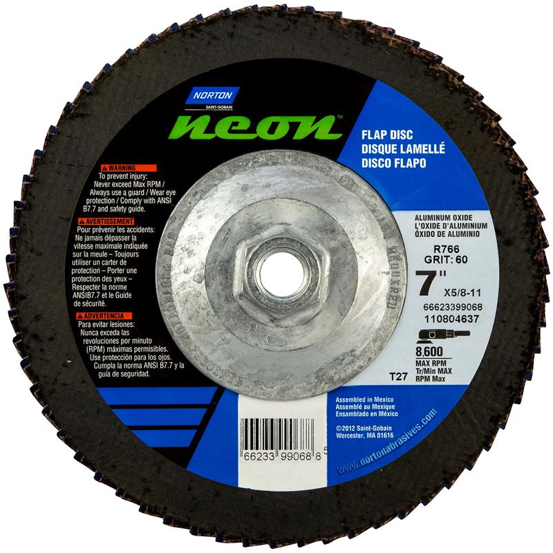 Flap Disc 7"X5/8"-11 Type 27 60 Grit High Density Fiberglass Plate Neon R766
