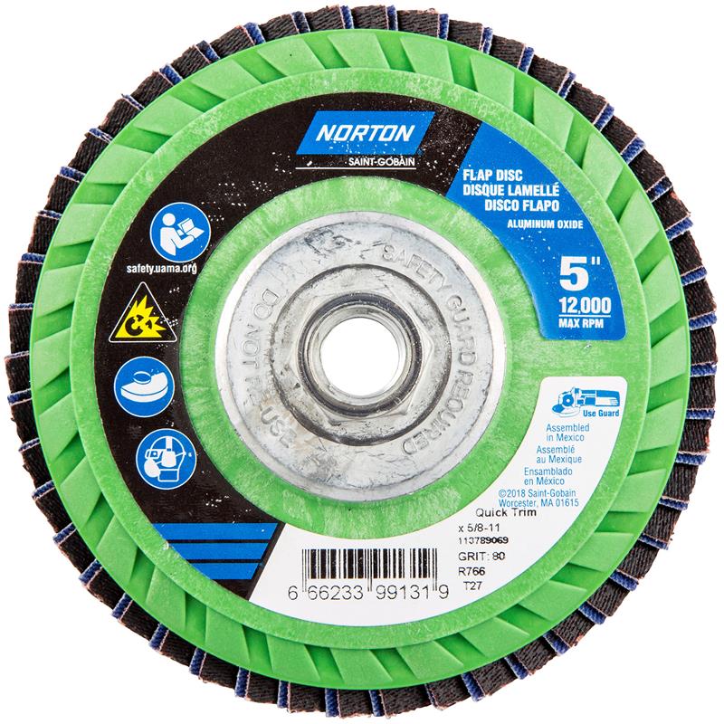 Flap Disc 5"X5/8"-11 Type 27 80 Grit Quick Trim Plastic Plate Neon R766