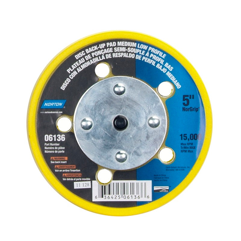 Back-Up Pad 5" Hook & Loop Medium Low-Profile with 5 Vacuum Holes