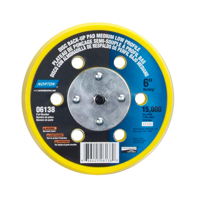 Back-Up Pad 6" Hook & Loop Medium Low-Profile with 6 Vacuum Holes