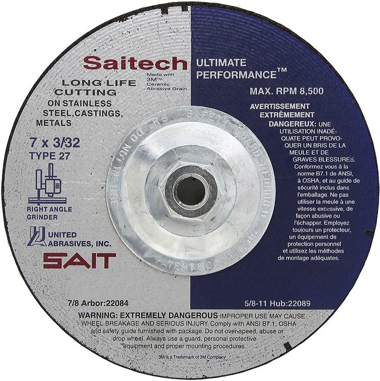Cutting Wheel 7"X3/32"X5/8"-11 Type 27 Saitech High Performance