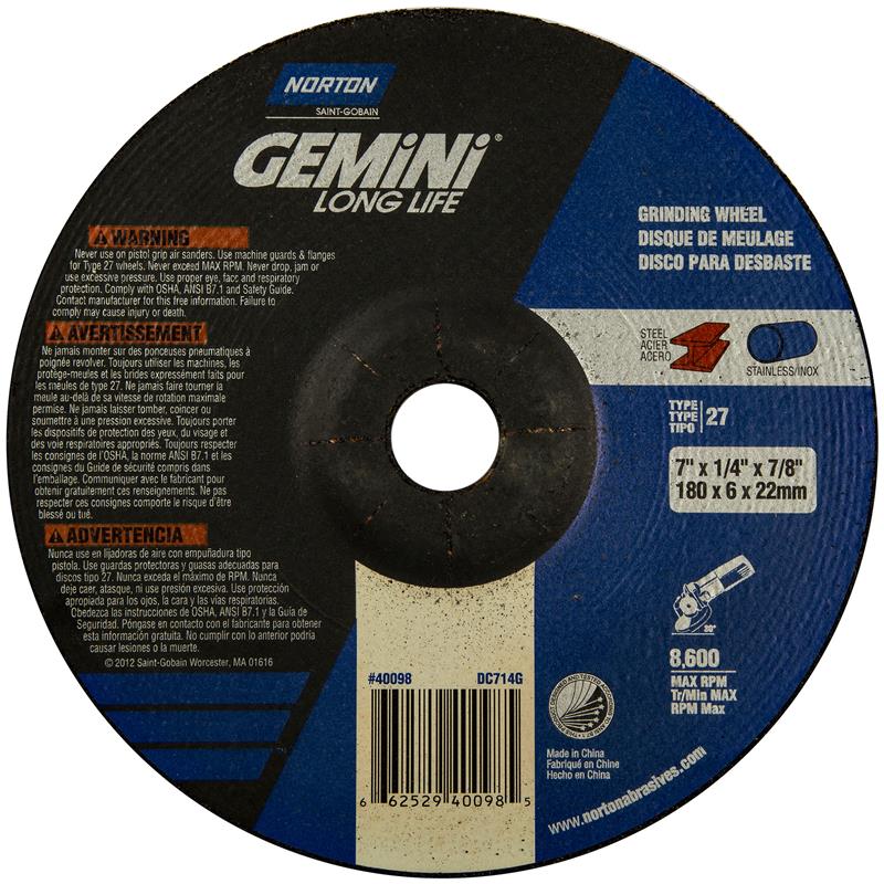 Depressed Center Wheel 7"X1/4"X7/8 Type 27 Gemini Long Life