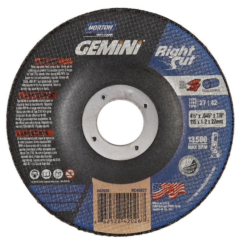 Cut-Off Wheel 4-1/2"X.045"X7/8" Type 27 Gemini Rightcut