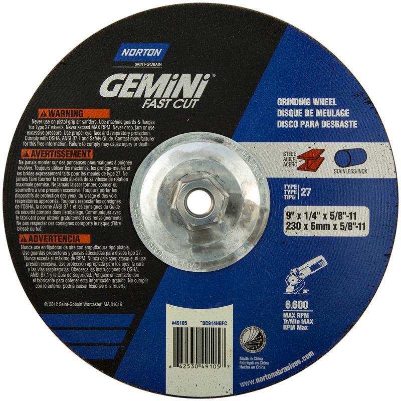 Depressed Center Wheel 9"X1/4"X5/8"-11 Type 27 Gemini Fastcut