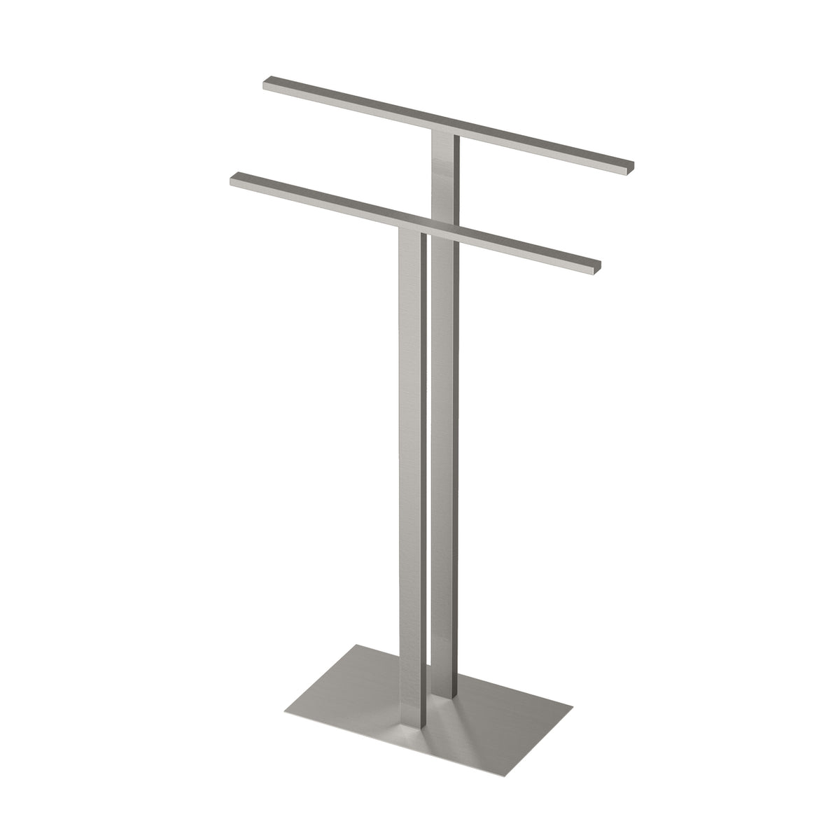 Modern Floor Standing Two-Level Towel Holder in Satin Nickel