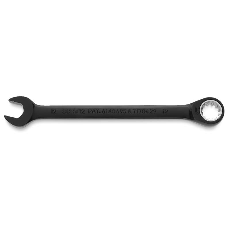 Combination Wrench 12mm Non-Reversible Ratcheting Spline Metric Black Chrome