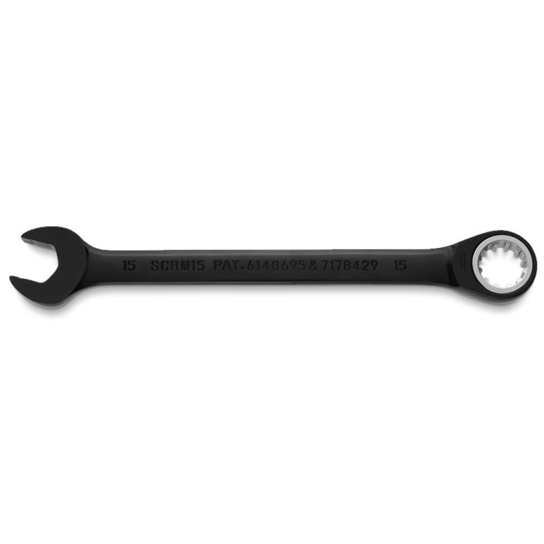 Combination Wrench 15mm Non-Reversible Ratcheting Spline Metric Black Chrome