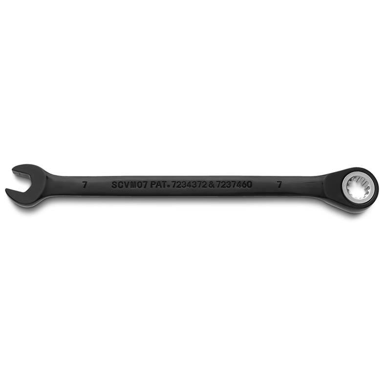 Combination Wrench 7mm Reversible Ratcheting Spline Metric Black Chrome
