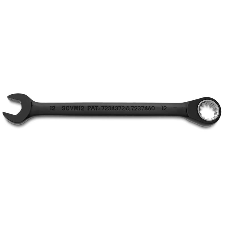 Combination Wrench 12mm Reversible Ratcheting Spline Metric Black Chrome