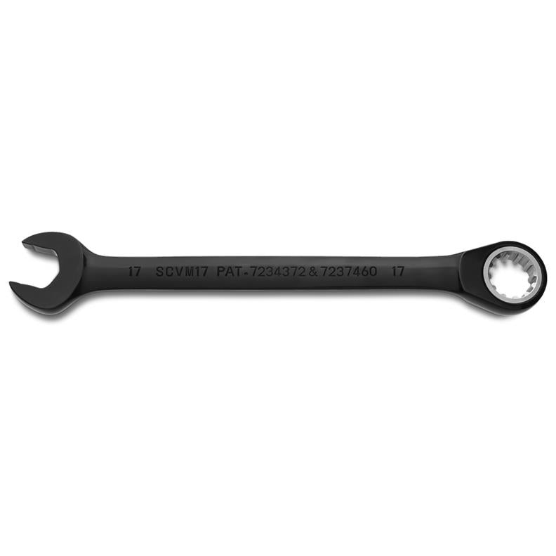 Combination Wrench 17mm Reversible Ratcheting Spline Metric Black Chrome