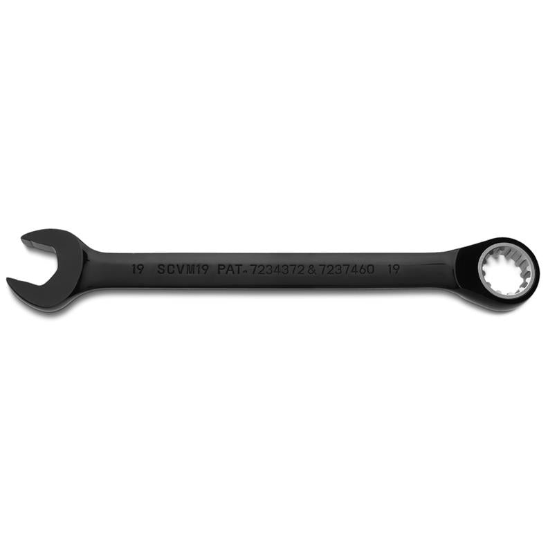 Combination Wrench 19mm Reversible Ratcheting Spline Metric Black Chrome