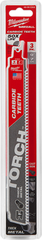 Reciprocating Saw Blade (Sawzall) 9" 7T Carbide Teeth Torch 3 Per Pack