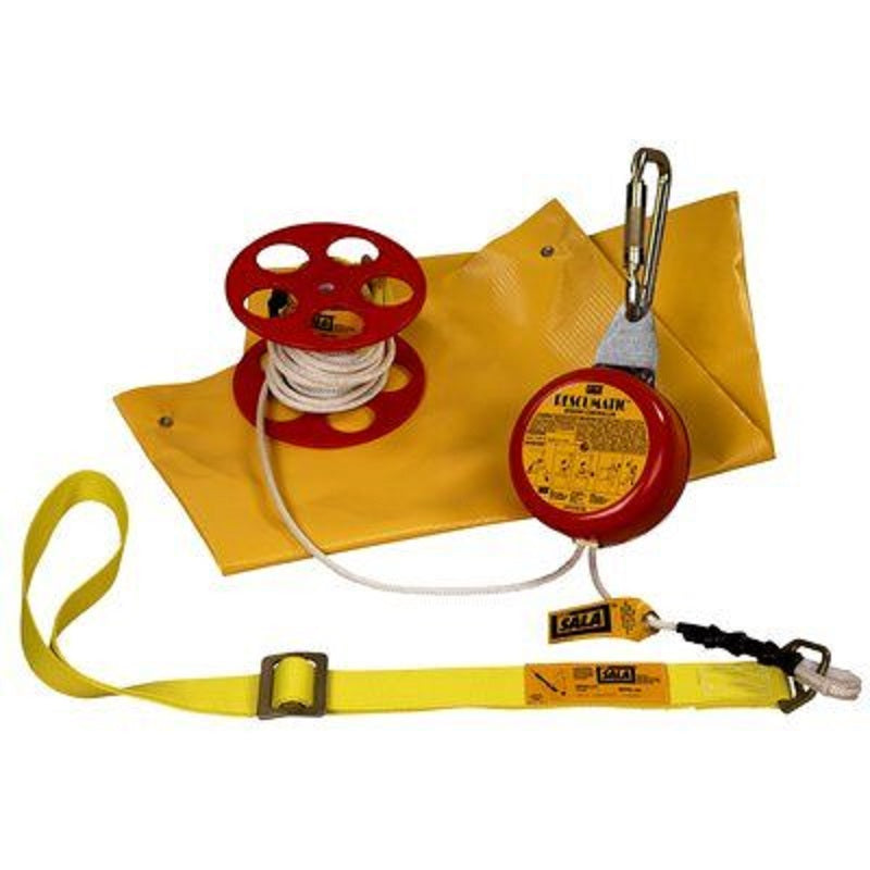 DBI Sala Rollgliss Rescumatic Automatic Descent Control Kit with 200' of 5/16" Galvanized Wire Core Polyester Rope Lifeline, Body Sling, Anchoring Carabiner, Rope Spool & Carrying Bag