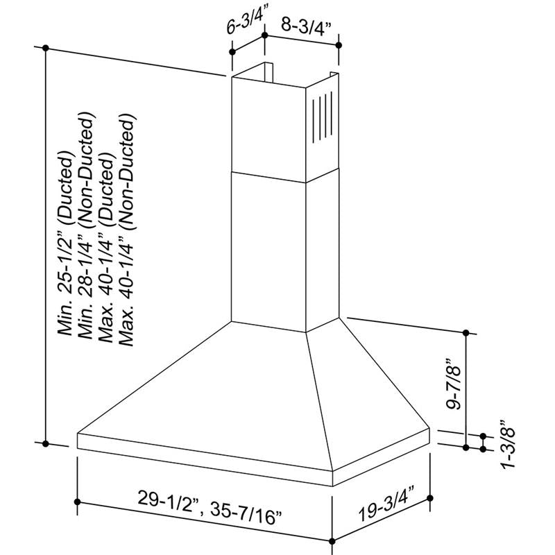 Range Hood Chimney 36" Convertible Europen Style Wall-Mount 380 CFM Stainless Steel